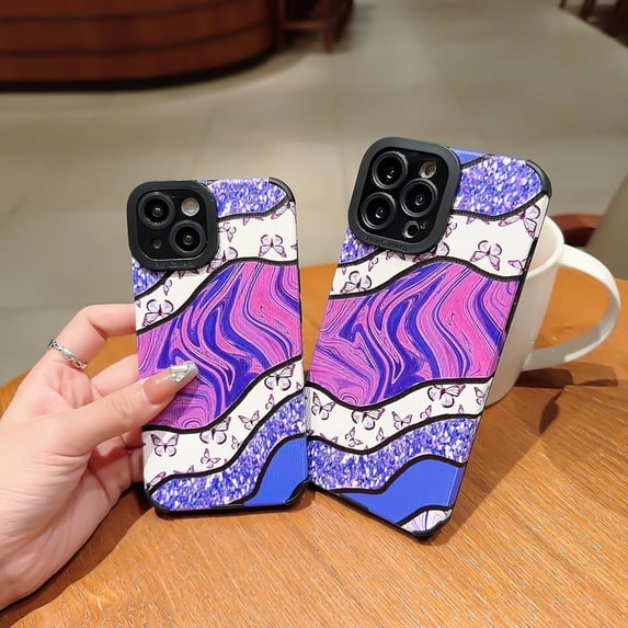 Compatible for iPhone 14 Pro Phone Case,Cute Purple Shiny Butterfly and Leather Splicing Patter,Soft TPU Full Camera Lens Protective Shock Women Protection Cover for iPhone 14 Pro