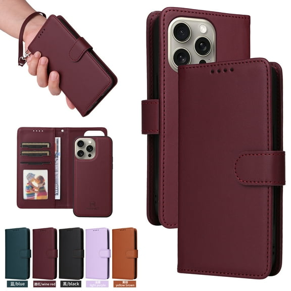 Compatible with iPhone 14 Pro Phone Case Detachable Wallet, Magnetic Flip Folio with Credit Card Holder & Cash Slot, Premium PU Leather, Wristlet, Kickstand Shockproof Cover, Winered