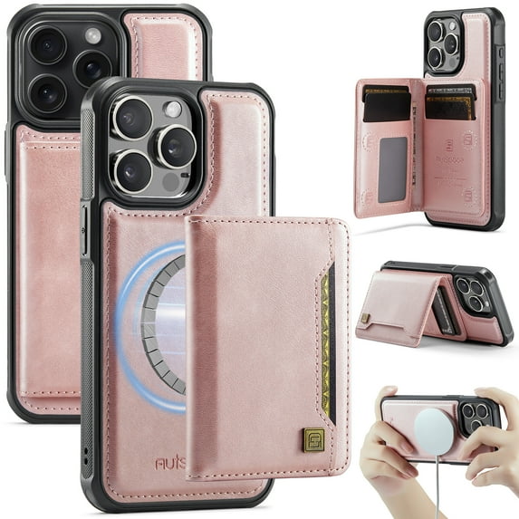Compatible With iPhone 14 Pro Phone Case,Magnetic 2 in 1 Detachable Wallet Case,With Card Holder,Kickstand,Compatible Magsafe,PU Leather Shockproof Heavy Duty Phone Case Cover,Rosegold
