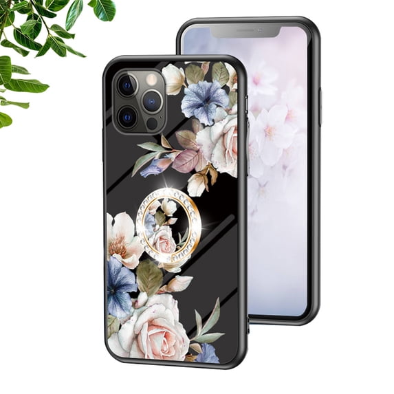 Compatible with iPhone 14 Pro Rotatable Ring Stand with Bling Glitter Diamond, Printed Case Fashion Luxury Flower Floral Pattern Slim Cover for iPhone 14 Pro 6.1 inch 2022,Black Flower Bush