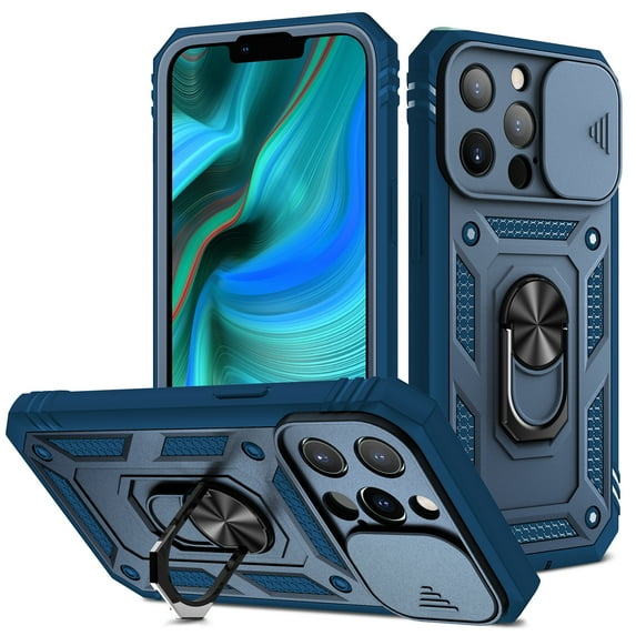 Compatible with iPhone 14 Pro with Sliding Cover Lens Protection & Kickstand, Built-in 360° Rotate Ring Stand Magnetic Card Slot Hybrid Cover Case for iPhone 14 Pro 6.1 inch, Blue