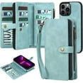 thumbnail image 1 of Compatible with iPhone 14 Pro Wallet Case,2 in 1 Detachable Magnetic Wallet Case with Card Holder,Zipper,Pouch Pocket Flip Cover Case with Wrist Strap,Card Slots for iPhone 14 Pro Green, 1 of 7