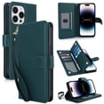 thumbnail image 1 of Compatible with iPhone 14 Pro Wallet Case, [6 Card Slots] PU Leather ID Credit Holder Folio Flip [RFID Blocking] Kickstand Double Magnetic Clasp Phone Cover & Wrist Strap,Green, 1 of 12