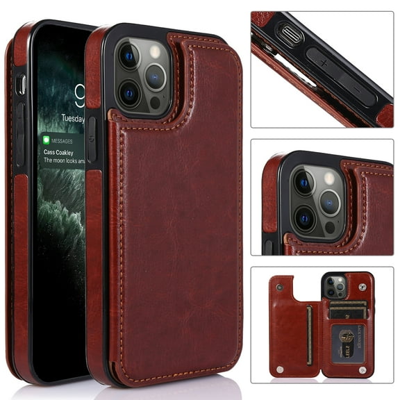 Compatible with iPhone 14 Pro Wallet Case with Card Holder,Dteck PU Leather Kickstand Card Slots Case Double Magnetic Clasp and Durable Shockproof Cover 6.1 Inch,Brown