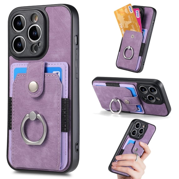Compatible with iPhone 14 Pro Wallet Case with Card Holder, Premium PU Leather 360° Rotation Ring Holder Kickstand Shockproof Phone Case Cover for Apple iPhone 14 Pro 6.1", Purple
