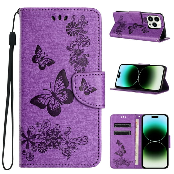 Compatible With iPhone 14 Pro Wallet Case Full Coverage 360° Protection Dustproof Card Pocket Kickstand Butterfly Pattern Shockproof Magnetic Closure Luxury Folio Phone Cover,Purple