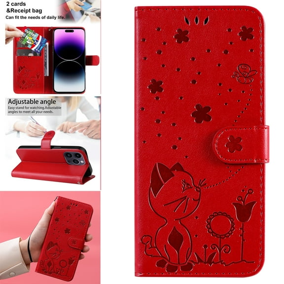 Compatible With iPhone 14 Pro Wallet Case Full Coverage Dustproof Card Pocket PU Leather Cute Flower Knurling Wrist Strap Shockproof Lightweight Luxury Phone Cover,Red