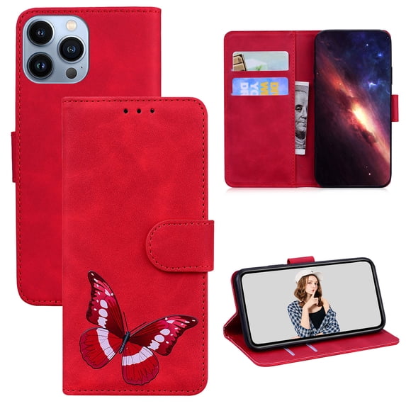 Compatible with iPhone 14 Pro Wallet Case, PU Leather Butterfly Design for Women for Girls Protective Leather Case with Kickstand and Card Slots for iPhone 14 Pro 6.1 inch,Red