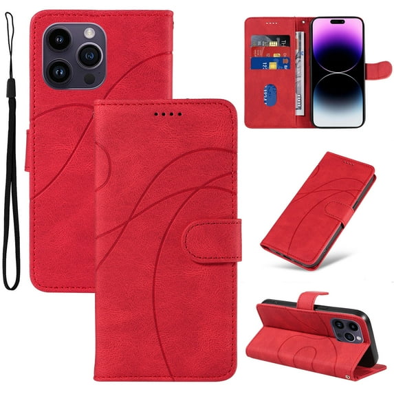 Compatible with iPhone 14 Pro Wallet Case, Protective Vintage Premium PU Leather Flip with Card Holders Kickstand & Wrist Strap Folio Case Cover for Men Women for iPhone 14 Pro, Red