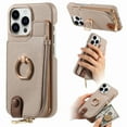 thumbnail image 1 of Compatible for iPhone 14 Pro Wallet Case with RFID Blocking, Zipper PU Leather Purse Case Ring Holder Stand with Card Holder, Shockproof Protection Magnetic Car Mount Phone Cover - Khaki, 1 of 10