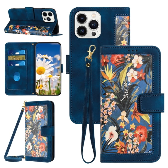 Compatible with iPhone 14 Pro Wallet Case for Women, Shoulder Strap + Wristband Premium PU Leather Floral Flip Cover with Card Holder Kickstand Feature Protective Purse Case, Darkblue