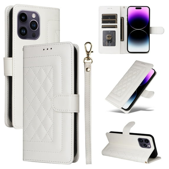 Compatible with iPhone 14 Pro Wallet Flip Case, Durable Soft TPU + PU Leather 3 Card Slots and 1 Cash Pocket Wrist Strap Magnetic Kickstand Elegant Case for iPhone 14 Pro, White