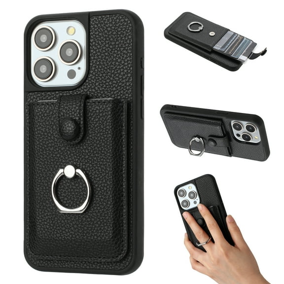 Compatible with iPhone 14 Pro Wallet Phone Case,360°Rotation Finger Ring Holder Kickstand,with Card Holder,Lychee Pattern PU Leather Durable Shockproof Rugged Phone Case,Black