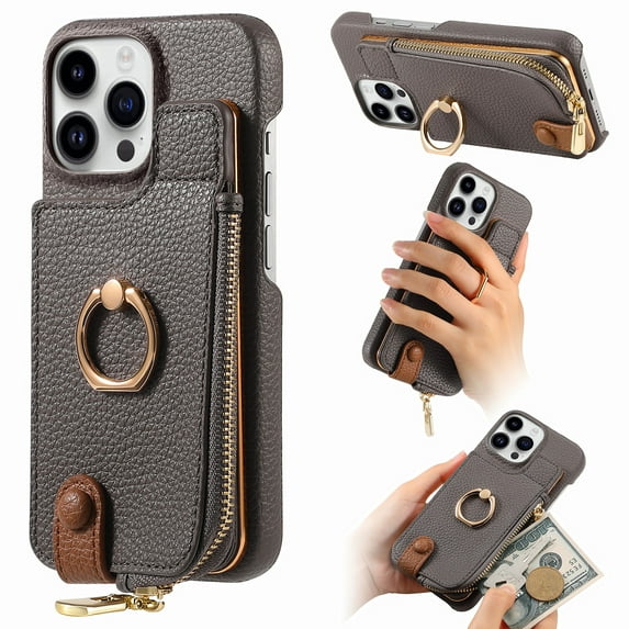 Compatible for iPhone 14 Pro Zipper Wallet Case with Card Holder, Rotation Ring Kickstand Case, PU Leather Card Slots RFID Blocking Protection Phone Case Shockproof Cover, Gray