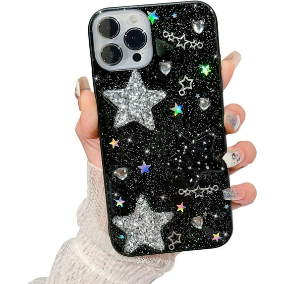Compatible for iPhone 14 Pro case, Bling Stars 3D Hearts Diamond Twinkle Star Glitter, Aesthetic Design for iPhone 14 Pro Phone case, Soft Shockproof Protect Cases for Girls Women, Black