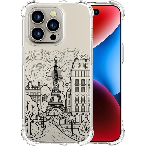 Compatible with iPhone 14 Promax Case for Women Girls Cute Phone Protector Clear with Design Pro Max, Paris City Eiffel Tower Trees Street Clouds Building