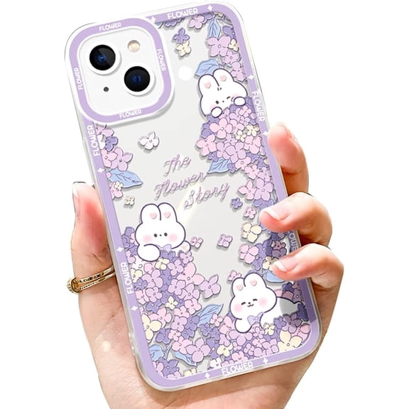 Compatible with iPhone 14 Purple Flower Case with Cute Rabbit, Kawaii Bunny Case for iPhone 14, Transparent Girly Case for iPhone 14 with Camera Protection (Purple)