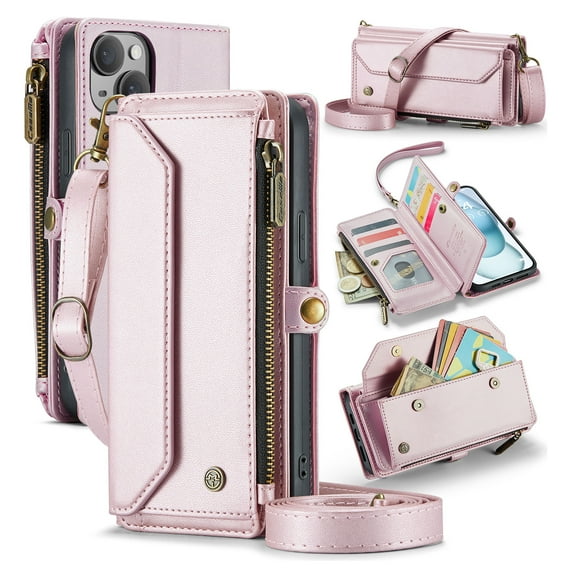 Compatible with iPhone 14 Rugged PU Leather Wallet Case, Card Slots Zipper Pocket Lanyard Crossbody Strap Kickstand RFID Blocking Full Body Protection Cover for iPhone 14, Pink