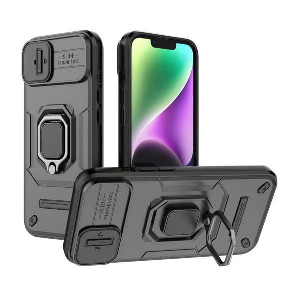 Compatible with iPhone 14 Stand Case with Slide Camera Cover Military Grade Heavy Duty Rugged Full Body Shockproof Protection Built-in Ring Kickstand Hard Back Case, Black