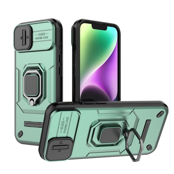 Compatible with iPhone 14 Stand Case with Slide Camera Cover Military Grade Heavy Duty Rugged Full Body Shockproof Protection Built-in Ring Kickstand Hard Back Case, Green