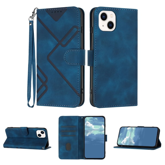 Compatible with iPhone 14 Vintage Wallet Case, with Wrist Strap PU Leather Flip Card Slots Holder Kickstand Magnetic Closure Phone Case Cover for iPhone 14 for Women Men, Darkblue