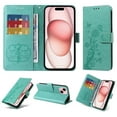 thumbnail image 1 of Compatible with iPhone 14 Wallet Case with Card Holder & Cash Slot [RFID Blocking],Wallet Wristlet Pressed Butterfly Flower PU Leather Magnetic Flip Folio Cover for Women Men,Green, 1 of 10