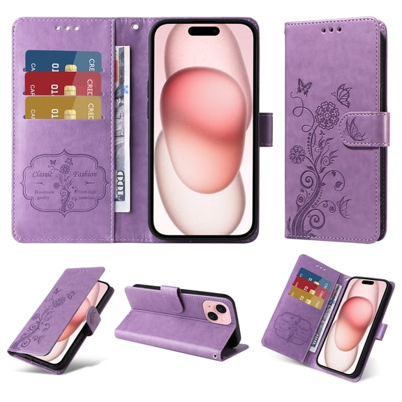Compatible with iPhone 14 Wallet Case with Card Holder & Cash Slot [RFID Blocking],Wallet Wristlet Pressed Butterfly Flower PU Leather Magnetic Flip Folio Cover for Women Men,Purple