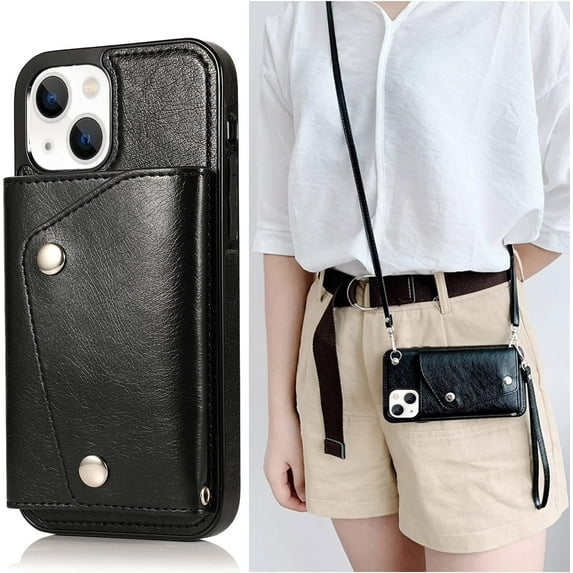 Compatible with iPhone 14 Wallet Case with Card Holder Crossbody Neck Strap Lanyard Handbag Wrist Strap Purse for Women PU Leather Flip Case with Credit Card Slot Kickstands Stand Case Black