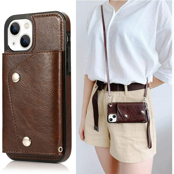 Compatible with iPhone 14 Wallet Case with Card Holder Crossbody Neck Strap Lanyard Handbag Wrist Strap Purse for Women PU Leather Flip Case with Credit Card Slot Kickstands Stand Case Brown