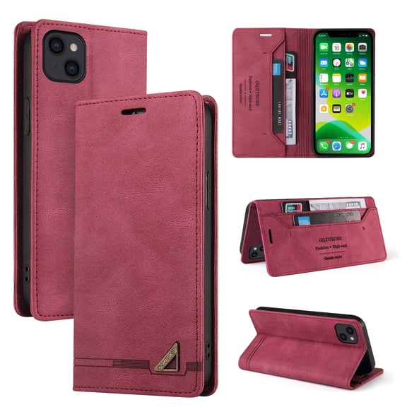 Compatible with iPhone 14 Wallet Case with Card Holder,Women Men RFID Blocking PU Leather Vintage Folio Kickstand Flip Retro TPU Protective Credit Card Slots Phone Case,Red