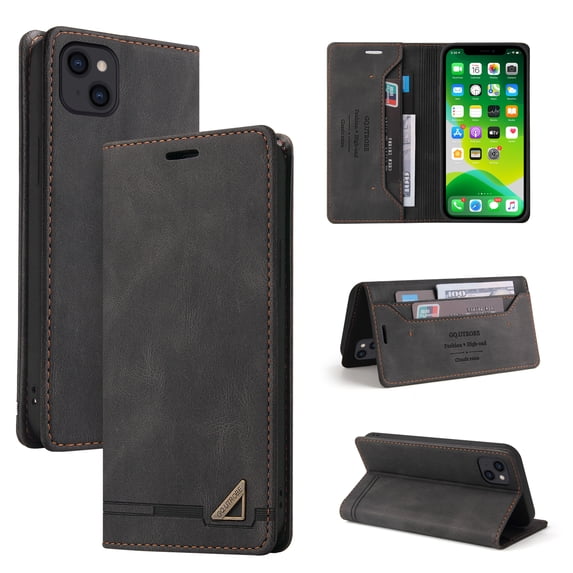 Compatible with iPhone 14 Wallet Case with Card Holder,Women Men RFID Blocking PU Leather Vintage Folio Kickstand Flip Retro TPU Protective Credit Card Slots Phone Case,Black