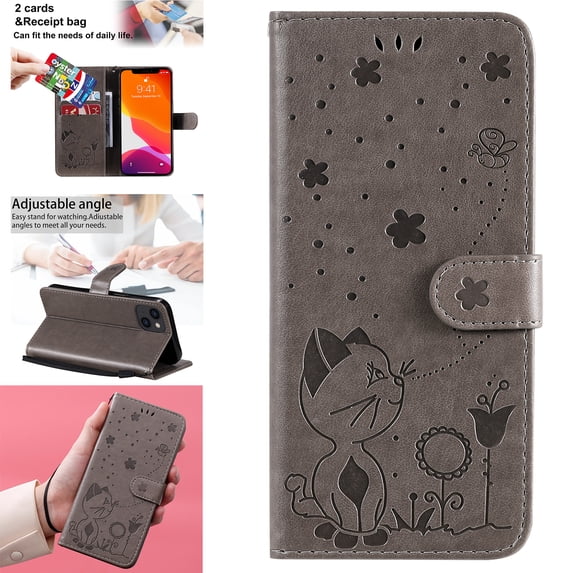 Compatible With iPhone 14 Wallet Case Full Coverage Dustproof Card Pocket PU Leather Cute Flower Knurling Wrist Strap Shockproof Lightweight Luxury Phone Cover,Gray