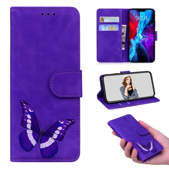 Compatible with iPhone 14 Wallet Case, PU Leather Butterfly Design for Women for Girls Protective Leather Case with Kickstand and Card Slots for iPhone 14, Purple