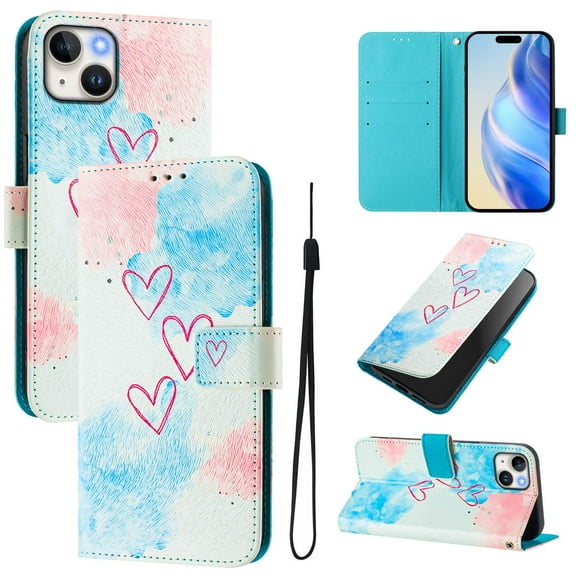 Compatible for iPhone 14 Wallet Case, Painting Pattern Premium PU Leather [Credit Card Holder] [Wrist Strap] Flip Stand Feature Purse Case Full Body Protective Pattern Phone Cover, Love Me