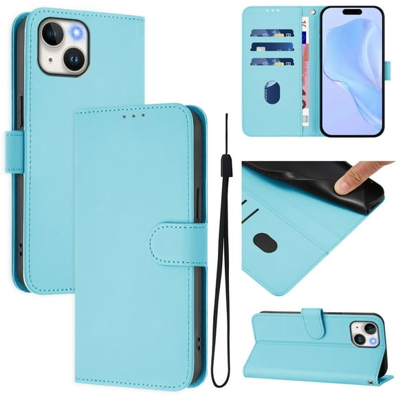 Compatible with iPhone 14 Wallet Case with RFID Blocking Credit Card Holder, PU Leather Folio Flip Kickstand Protective Shockproof Anti-fall Phone Case Cover Women Men,Skyblue
