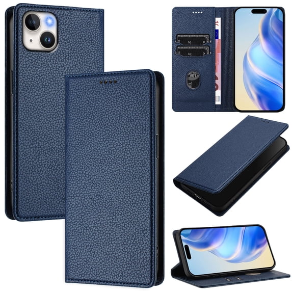 Compatible with iPhone 14 Wallet Case with RFID Blocking Credit Card Holder, PU Leather Folio Flip Kickstand Protective Shockproof Cover Women Men for iPhone 14 Phone Case - Darkblue