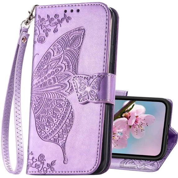 Compatible with iPhone 14 Wallet Case for Women,Butterfly Embossed PU Leather Flip Folio Cover Credit Card Holder Slots Wrist Strap Wallet Phone Case for iPhone 14 6.1 Inch (Lavender)