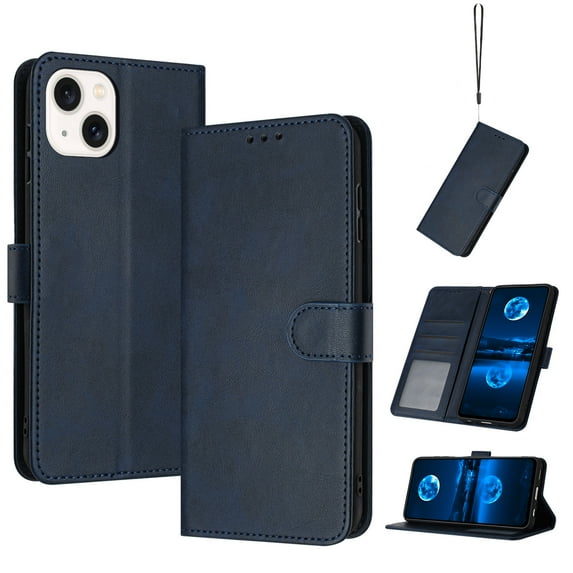 Compatible with iPhone 14 Wallet Case for Women, Premium PU Leather Flip Cover with Card Holder, Kickstand Feature Protective Purse Case for iPhone 14 with Wrist Strap,Darkblue