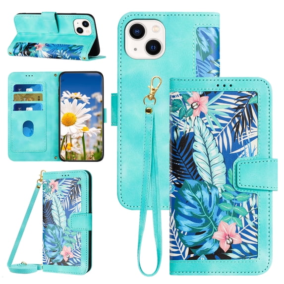 Compatible with iPhone 14 Wallet Case for Women, Shoulder Strap + Wristband Premium PU Leather Floral Flip Cover with Card Holder Kickstand Feature Protective Purse Case, Green