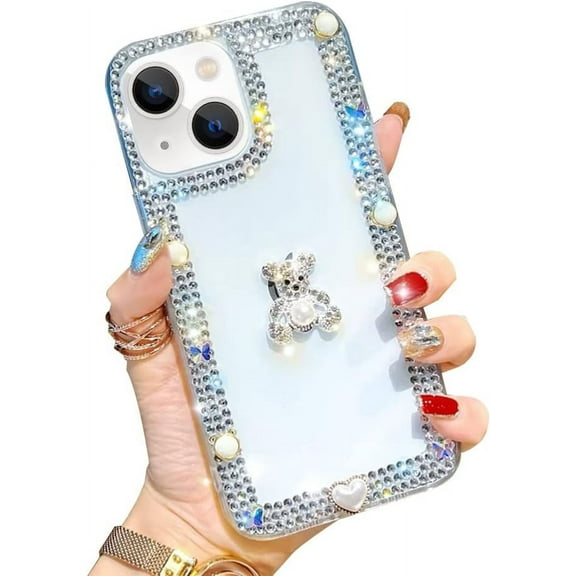 Compatible with iPhone 14 for Women Girls with Bear 3D Glitter Sparkle Bling Case Luxury Shiny Cute Crystal Charms Rhinestone Diamond Bumper Clear Protective Cover