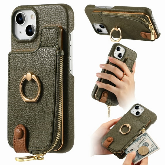 Compatible for iPhone 14 Zipper Wallet Case with Card Holder, Rotation Ring Kickstand Case, PU Leather Card Slots RFID Blocking Protection Shockproof Phone Cover for iPhone 14, Armygreen