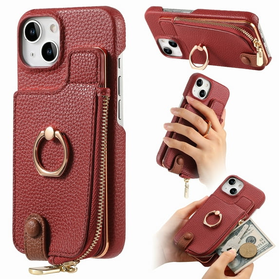 Compatible for iPhone 14 Zipper Wallet Case with Card Holder, Rotation Ring Kickstand Case, PU Leather Card Slots RFID Blocking Protection Shockproof Phone Cover for iPhone 14, Red