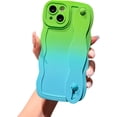 thumbnail image 1 of Compatible with iPhone 15 6.1" Case with Wrist Strap & Stand, Cute Wavy Case with Camera Lens Cover Gradient Color Soft Silicone Shockproof Protect Phone Case for Women Men (Green Blue), 1 of 9