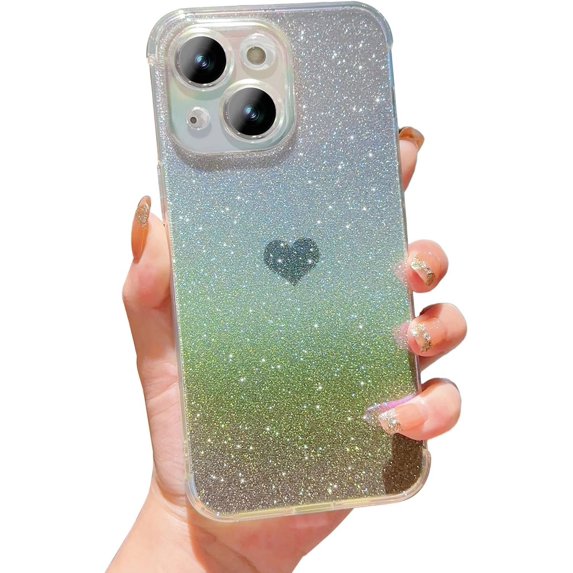 Compatible with iPhone 15 6.1" Gradient Bling Glitter Clear Case, Cute Heart Laser Holographic Case with Camera Lens Cover Protector Soft Shockproof Phone Cover for Women Girls (Black Heart)