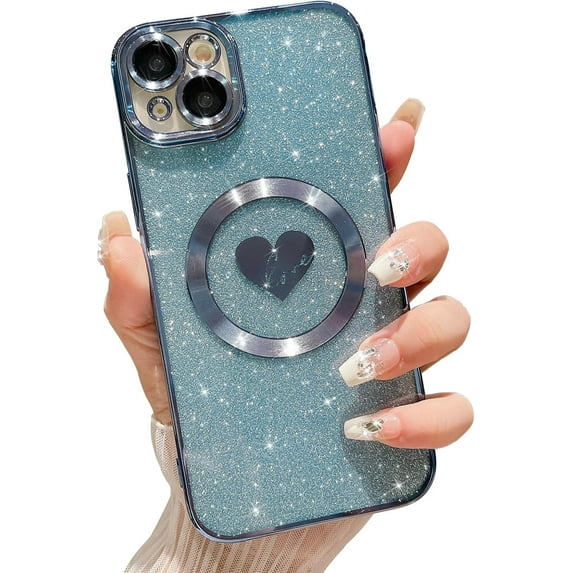 Compatible with iPhone 15 6.1 Inch Case with Magsafe, Plating Heart Glitter Magnetic Case for Women Girl TPU Camera Protection Back Cover for iPhone 15 Light Blue