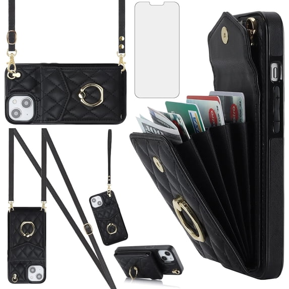Compatible with iPhone 15 6.1 inch Wallet Case Tempered Glass Screen Protector and Wrist Strap Ring RFID Blocking Card Holder Cell Phone Cover for iPhone15 5G i i-Phone i15 15Case Women Black