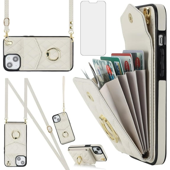 Compatible with iPhone 15 6.1 inch Wallet Case Tempered Glass Screen Protector Wrist Strap Ring RFID Blocking Card Holder Cell Phone Cover for iPhone15 5G i i-Phone i15 15Case Women Off White