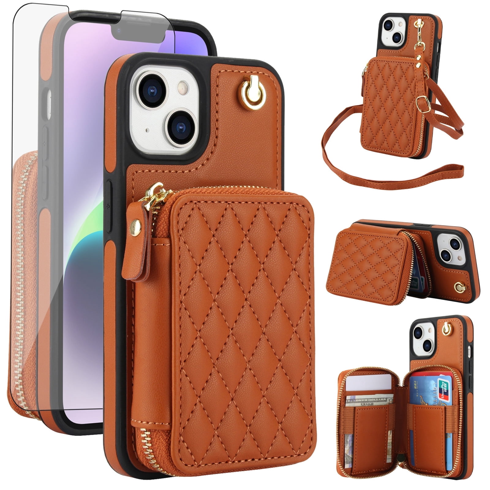 Compatible with iPhone 15 6.1 inch Wallet Phone Case Tempered Glass Screen Protector Wrist Crossbody Strap Stand Credit Card Holder RFID Slot Cell Cover for i Phone15 i15 15Case Women Girls Brown