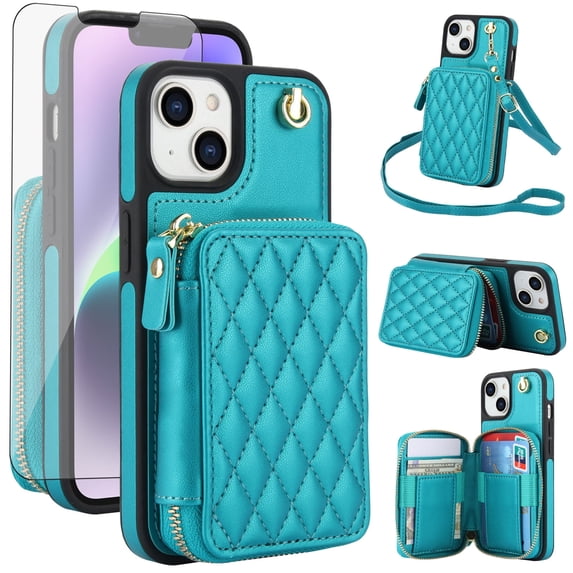 Compatible with iPhone 15 6.1 inch Wallet Phone Case Tempered Glass Screen Protector Wrist Crossbody Strap Stand Credit Card Holder RFID Slot Cell Cover for i Phone15 i15 15Case Women Girls Green
