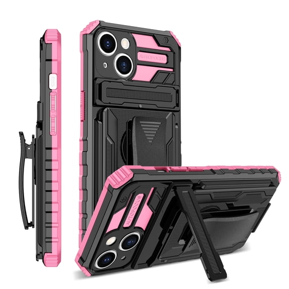 Compatible with iPhone 15 Back Case, 360 Rotating Removable Belt Clip & Hidden Kickstand & Hard PC + Soft TPU & Anti-fall & Shock Absorption Phone Case for iPhone 15, Pink